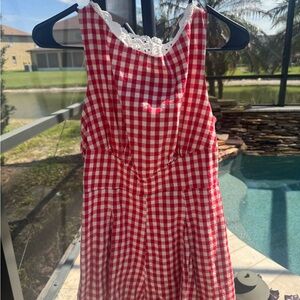 Red Gingham Lace-Trim Romper